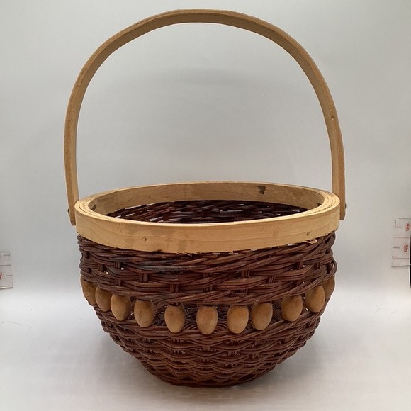 Other - Rustic Wicker Basket Wood Handle Decorative Beads 6"H